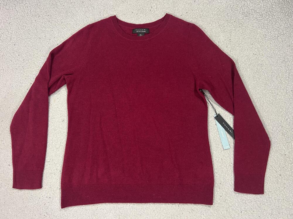 Tahari Sweater Womens Large Red 100% Cashmere Crewneck Classic Quiet Luxury NWT